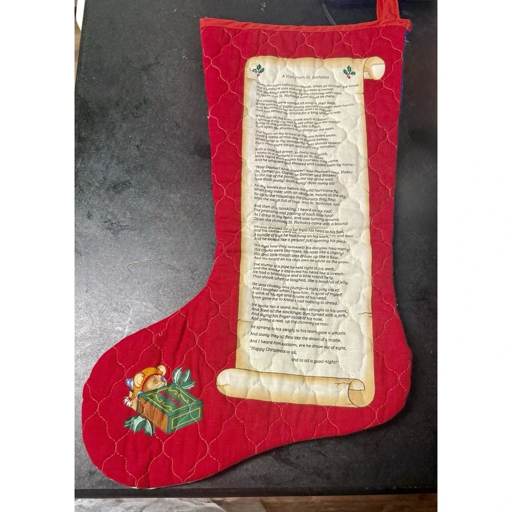Vintage Jumbo Stocking Cranston A Visit From St Nicholas Handcrafted Quilted 22